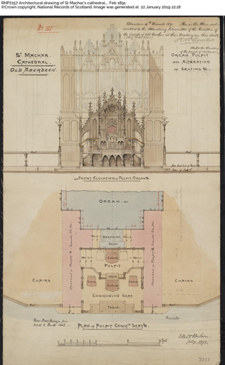 Front Elevation and Plan of St Machar Cathedral Organ 1891
