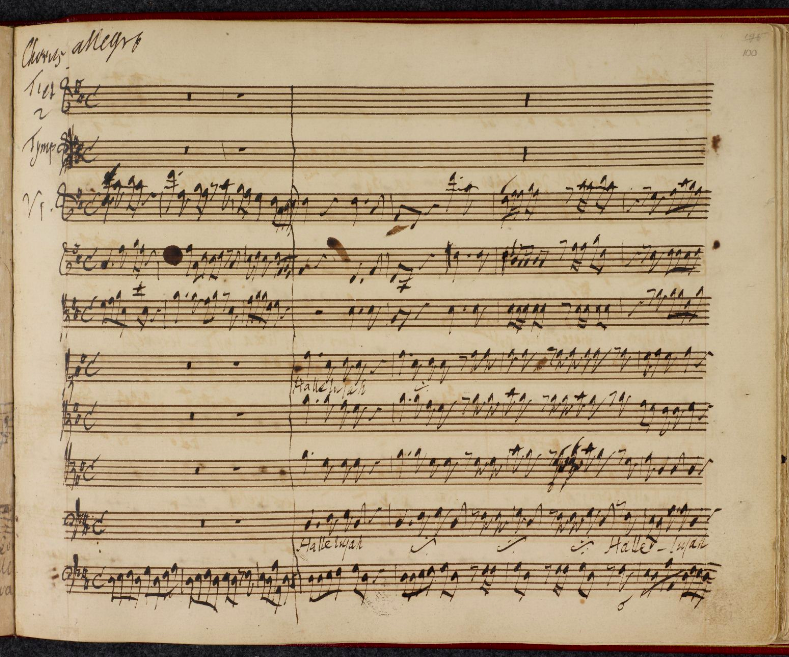 Manuscript of the opening of the Hallelujah Chorus in Handel's handwriting from the score in the British Library